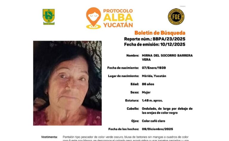 ¿La has visto_ Piden ayuda para localizar a Mirna Barrera Vega, de 87 años de edad, extraviada en Mérida