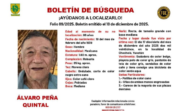 ¿Lo has visto_ Reportan la desaparición de Álvaro Peña Quintal de 86 años en Chocholá